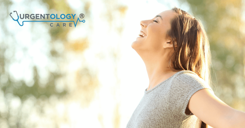 woman breathing smiling into the air happy