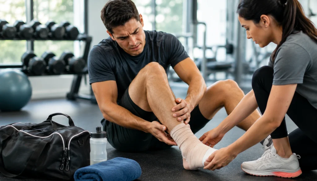 Athlete receiving treatment for a common sports injury after a workout