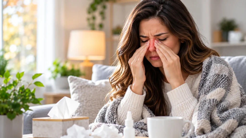 Woman experiencing sinus infection symptoms with nasal congestion and facial pressure